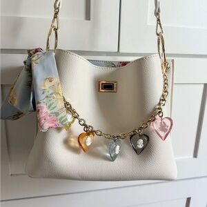 Betsy Johnson White/creme bucket Handbag with Gold Chain and Charms